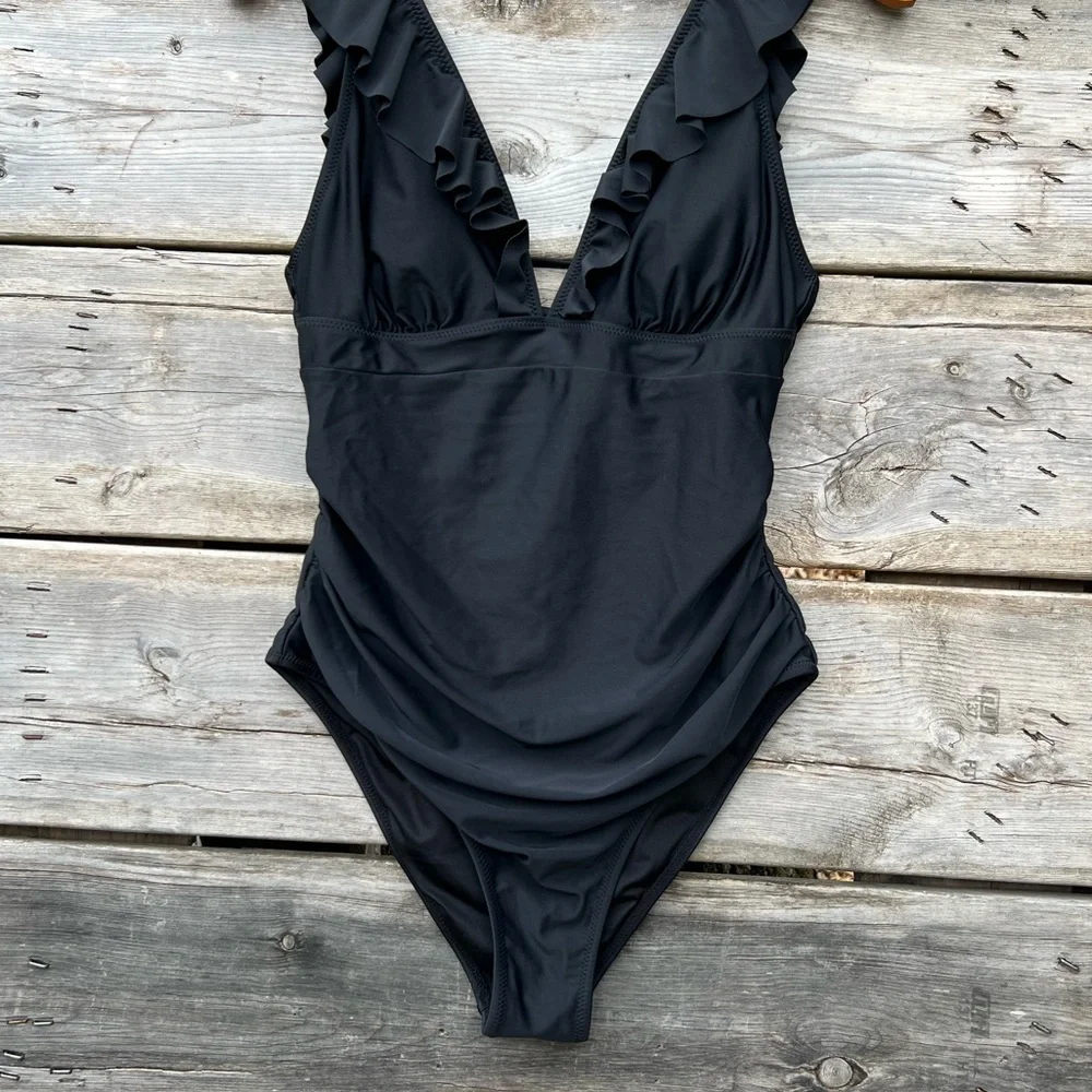 M Summer Seaside Ruffle Ruched Plunge Gathered Back One Piece